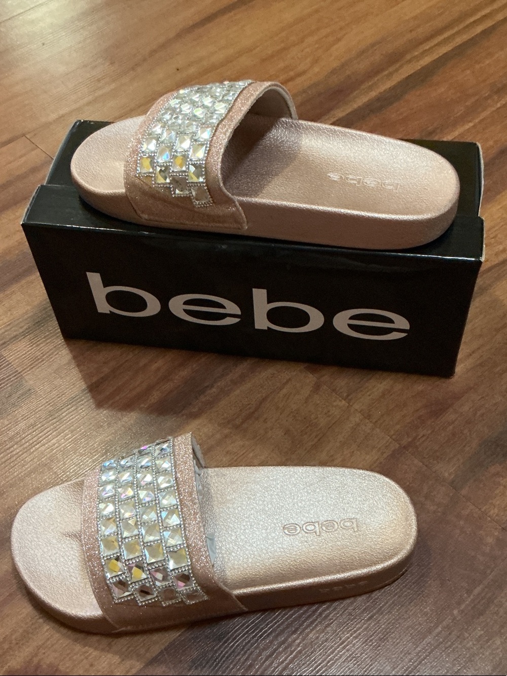 bebe Rose Gold Crystal Embellished Slide Sandals nwb sz 8